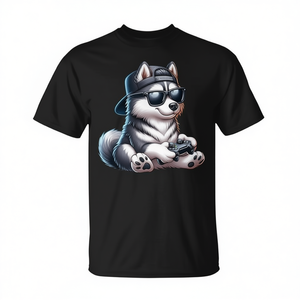 T-Shirt con Husky che Gioca a Videogiochi, Divertente Gadget Promozionale per Appassionati di Videogiochi - Product Image 2