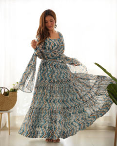 Tissu imprimé zigzag entièrement Flair Anarkali avec ensemble Dupatta prêt à porter pour la fête - Product Image 2