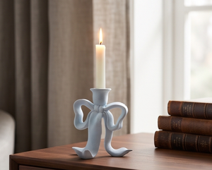 Elegant <b>Ribbon</b> Bow Light Blue Metal Taper Stand Texture Casting Table Centerpiece Supplier - Product Image 4