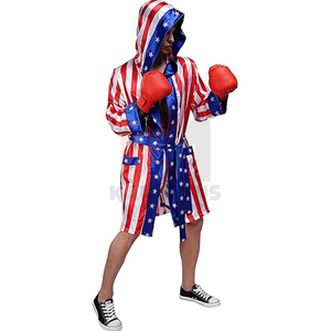 Disfraz de Boxeo para Hombre, Bata de Satén con Bandera Americana, Capucha, Pantalones Cortos, Cinturón y Capa, Disfraz de Halloween, Traje de Campeón Luchador - Product Image 3
