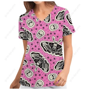 Top d'infirmière à manches courtes et col en V pour femmes Halloween Mode féminine décontractée Impression Top Protective Work Suit Medical Working Uniform - Product Image 4