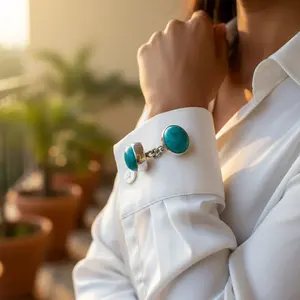 Mancuernillas de Plata de Ley 925 con Turquesa para Hombre, Joyería de Moda, Regalo, Elegantes Clips para Corbata - Product Image 3