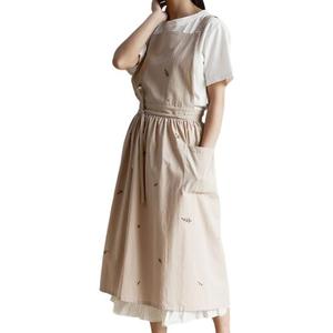 Chic femmes coton lin tablier robe Style japonais croix dos tablier avec broderie florale cuisine jardin café chasuble - Product Image 3