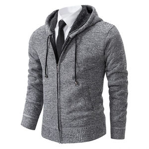 Sudadera con capucha de lana con cremallera a la moda para hombre, suéter de punto grueso informal de negocios a la moda, chaqueta forrada, diseño sólido - Product Image 4