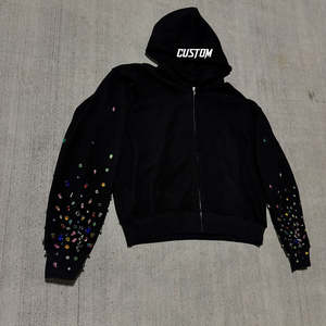 Custom Clothing Manufacturers Pullover <b>Hoodie</b> Custom logo <b>Black</b> 500 gsm Baggy Boxy Cropped Rhinestone <b>Zip</b> <b>up</b> <b>Hoodie</b> Men's - Product Image 2