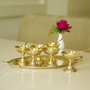 Ensemble de service de crème glacée en laiton de luxe, écologique, 6 bols ornés avec cuillères assorties, plateau élégant, desserts, parfaits, mariage - Product Image 2