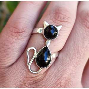 Handmade Sterling Silver Cat Ring Black Onyx Gemstone Set Inlay <b>Unique</b> Cat <b>Gift</b> <b>for</b> <b>Her</b> Licensed Private Brand - Product Image 2