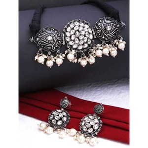 Oxidised Kundan <b>Necklace</b> Gold Plated Copper Rhodium Fine Bridal Wedding Jewelry Set Featuring <b>Ruby</b> Pearl Diamond Main Stones - Product Image 1