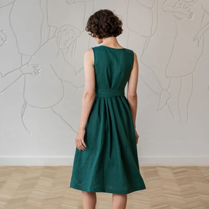 Femmes 2025 printemps écologique Midi Vintage col en v nouvelle mode large plissé naturel taille respirant bouton décoration - Product Image 3