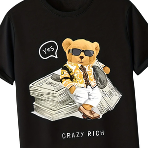 T-shirt noir personnalisé Crazy Rich Bear Print, t-shirts graphiques de luxe, streetwear unisexe, coton doux, mode décontractée, impression de logo OEM - Product Image 3
