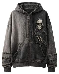 Sweat à capuche surdimensionné en molleton de coton pour femme, personnalisé, noir anthracite, délavé à l'acide, avec broderie graphique de crâne, style streetwear - Product Image 1