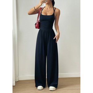 Combinaison longue en viscose à bretelles et col rond pour femme, 31073 - Bleu marine - Product Image 3