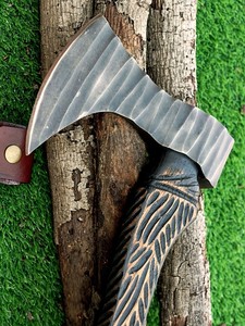 High Quality Custom Carbon Steel Viking <b>Axe</b> Kitchen Chef Knife Hand Forged Engraved <b>Wood</b> Handle with Leather Sheath MOQ 5 Pcs - Product Image 5