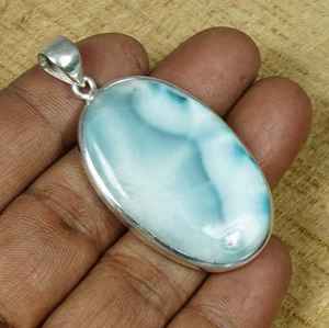 Pendentif ovale en larimar, argent sterling, pierre précieuse bleue des Caraïbes, bijoux faits à la main, cadeau élégant pour enfants et femmes - Product Image 5