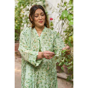 Traje de Muselina Estampado y Bordado de 3 Piezas con Dupatta Translúcida y Transpirable para Ocasiones Diurnas - ODM DN-62039 - Product Image 3