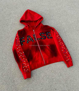 Ropa de calle de alta calidad 500 Gsm Heavy Rhinestone Letter Printing Vintage Acid Wash Sun Faded Zip Up Rhinestone Sudadera con capucha para hombre - Product Image 1