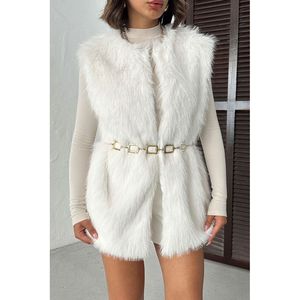 Chaleco de Piel Sintética Color Crema para Mujer Topshow, Ropa de Abrigo Cálida para Invierno, Mezcla Suave de Poliéster y Algodón, Ropa de Moda al por Mayor - Product Image 3