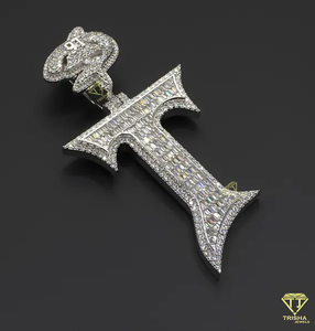 Baguette corte VVS Lab Grown Letter "T" colgante helado colgante personalizado alfabeto letra 925 plata esterlina Hip Hop colgante - Product Image 6