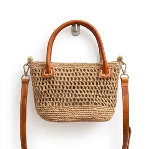 Bolso Tote Mini de Ganchillo con Asas de Rafia, Cierre de Cremallera, Estilo Bohemio de Verano, Bolso de Mano Abierto para Mujer - Product Image 3
