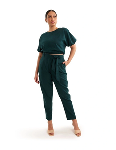Natural <b>Fabric</b> High Waisted Side and Back Pockets Button and Zip Closure Full Length Relaxed Fit Pant in Dusk Green - Product Image 5