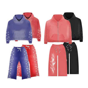 Wholesale Unisex Acid Wash Diamond Zip Breathable Fleece Hoodie Flared Sweatpants Vintage Rhinestone Printed Custom OEM Regular - Product Image 1