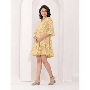 Vestido Casual de Algodón con Diseño Personalizado, Estampado en Bloques Amarillos, Largo hasta la Rodilla, Cintura Elástica, Transpirable, Tallas XS a 5XL para Uso Diario - Product Image 5