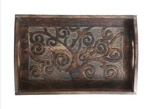 Plateau de service rectangulaire en bois avec gravure design arbre de vie et poignées de maintien Plateau de décoration de cuisine de table - Product Image 5