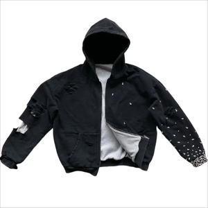 Ventes en gros de sweats à capuche unisexes surdimensionnés en molleton 100% coton, personnalisés avec des strass, effet délavé, fermeture éclair, couleur noire unie, poids lourd, streetwear - Product Image 5