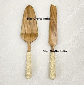 Haute Qualité Blanc Résine Poignée Bois Salade Serveur Ensemble Cuillère À Mélanger Artisanat Indien Incrustation Conception Cuillère Ensembles pour Le Dîner - Product Image 4