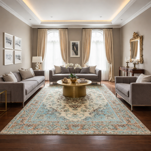 พรมขนสัตว์สไตล์เปอร์เซียถักมือคุณภาพพรีเมียม สีงาช้าง-เขียวฟ้า ลายดอกไม้แบบเหรียญเหรือน ดีไซน์แบบตะวันออก ซักได้ พร้อมเบาะรองนั่งสำหรับสวดมนต์ - Product Image 3