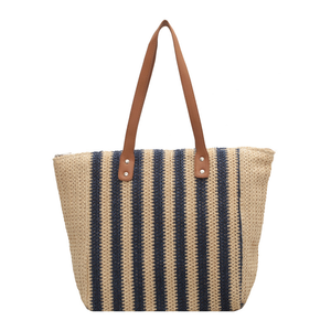 กระเป๋าฟางอเนกประสงค์กระเป๋าชายหาดทอสีตัดกันกระเป๋าความจุขนาดใหญ่น้ำหนักเบา - Product Image 1