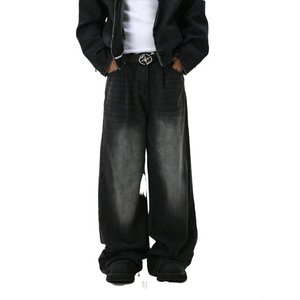 Jean en denim décontracté à jambes larges pour hommes-Design uni, coupe longue, non extensible, couleur noire - Product Image 3