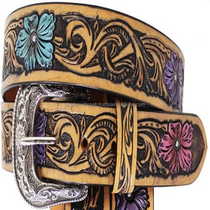 Cinturón de cuero de grano completo mecanizado a mano occidental de alta resistencia personalizado cinturón de vaquero en relieve de hoja colorida hebilla floral de níquel - Product Image 1