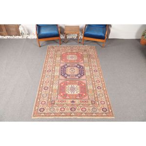 Tapis vintage, tapis turc 4,7x7,3 pieds, motif géométrique arc-en-ciel avec éléments floraux - Product Image 1