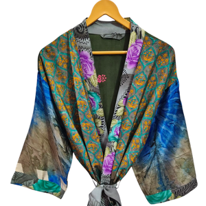 Ropa de mujer Ropa de playa multicolor Ropa de noche Túnica larga, Kimono Sari de seda reciclado vintage indio hecho a mano, - Product Image 1