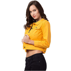 2025 chaqueta de Safari vaquera lavada amarilla de algodón a cuadros para mujer OEM logotipo personalizado holgado para mujer primavera otoño proveedor de alta calidad - Product Image 2