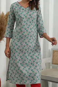 Coton Kurti traditionnel pour femmes de qualité supérieure imprimé à la main tissé tissage léger tissu respirant écologique pour - Product Image 3