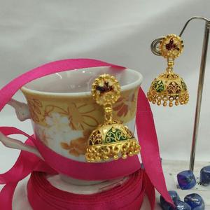Kriaa <b>Red</b> Meenakari <b>Drop</b> Jhumki <b>Earrings</b> Gold-Plated Chandelier Style Model 1308519 - Product Image 1