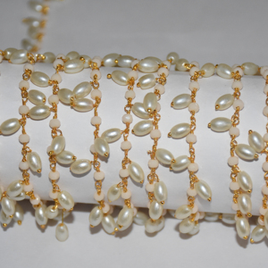 Gold Plated Rice Pearl Peach Glass Bead Cluster <b>Rosary</b> Wire Beaded Rondelle Chain for Jewelry Making - Product Image 2
