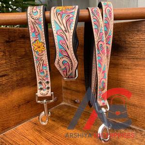 Manufacturers Custom Hand Tooled Leather Luxury Dog Collar Traffic Lead Training Pet Cat Dog Genuine Leather <b>Leash</b> Collar Sets - Product Image 1