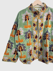 Veste en velours vert brodée à col mandarin, manches longues, motif floral, vêtement d'automne, style blouson pour femmes adultes - Product Image 4