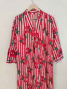 Vestido Casual de Algodón con Estampado de Frutas y Rayas Rojas, Cuello en V, Manga Larga, Ligero, Transpirable, Elegante para Verano - Product Image 3