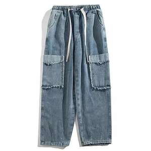 Custom Men's Y2K Loose Raw Edge Enzyme Washed 100% Cotton Pantalones vaqueros de cintura media Medium Black para primavera Botón de mezclilla transpirable para - Product Image 3