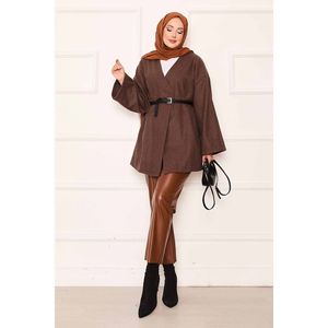 Elegante Abrigo de Cachemira Color Café para Mujer, Estilo Blazer de Lujo, con Cuello de Piel, Gabardina Larga de Tela Tejida, Talla XL, Estampado - Product Image 1