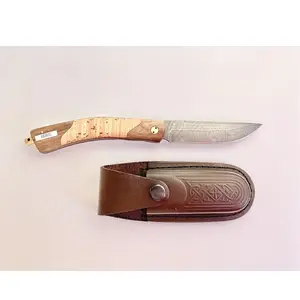 Cuchillo plegable "Kairos" hecho de acero de Damasco mango de corteza de abedul efecto micro-sierra mecánica en el borde