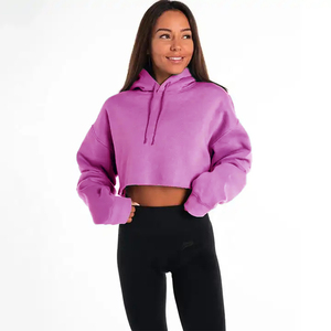 Women's Casual High Quality 100% Cotton Custom Logo Embroidered Gym Pullover Hood Crop <b>Top</b> Solid Color <b>Winter</b> Hoodie - Product Image 1
