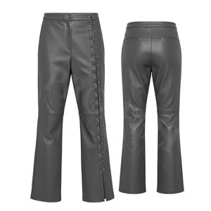 Pantalon évasé en similicuir tendance, taille haute, bleu, détail bouton latéral, coupe bootcut, léger, extensible, en similicuir - Product Image 2