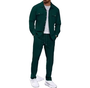 Conjunto de dos piezas para hombre, estilo europeo y americano, otoño, pantalones de manga larga, cárdigan y camisa lisos. - Product Image 3