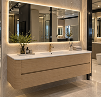 Meuble-lavabo de salle de bain moderne avec miroir intelligent 1200 mm, armoire murale en chêne massif avec plan en pierre frittée et design à coins arrondis