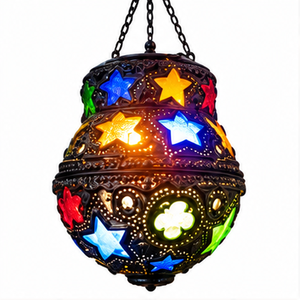 Farida Hookahs Handmade Moroccan Hanging Lantern Gold Brass/Grey Finish Colorful <b>Star</b> Glass Arabic Decorative Pendant <b>Light</b> IP - Product Image 6